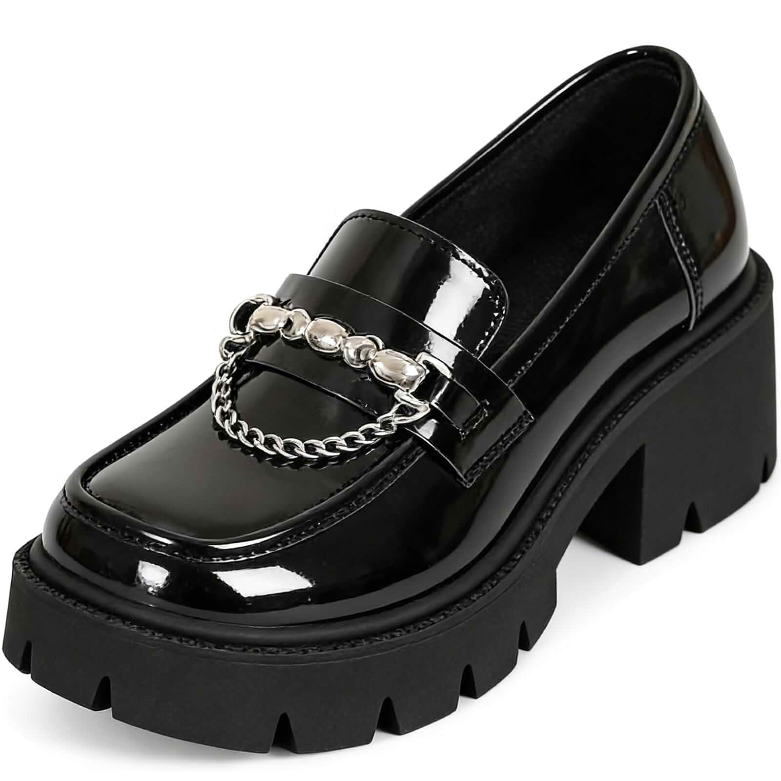 Women Fashion Chain Chunky Heel Platform Loafers Comfortable Lightweight Anti-Slip Lug Sole Slip-On Dress Shoes for Work Party Casual Daily Wear Punk Style