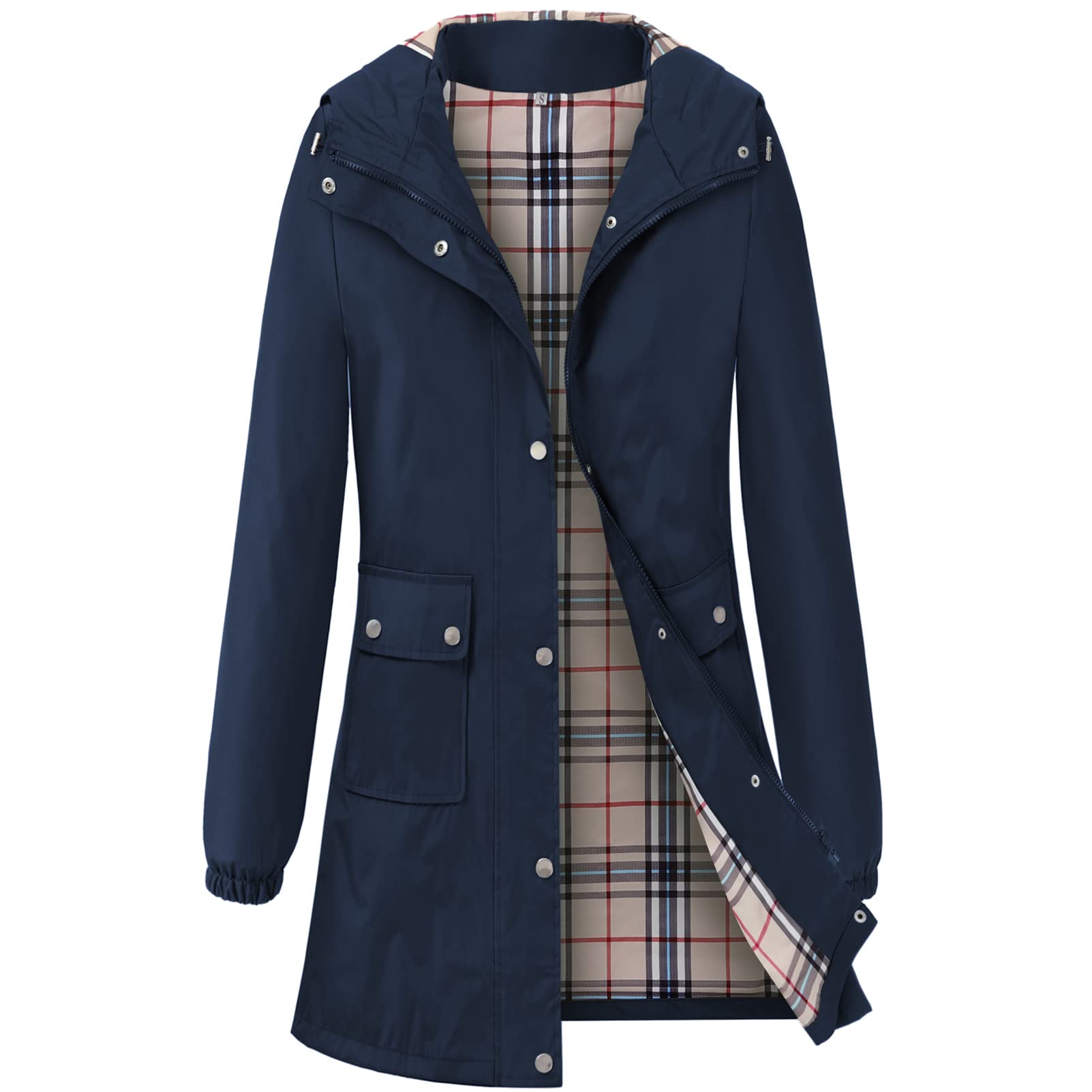 Abrigo de lluvia para mujer, impermeable, con capucha, ligero, chaqueta de lluvia para mujer al aire libre, trinchera, cortavientos largos, Azul / Patchwork, XXL