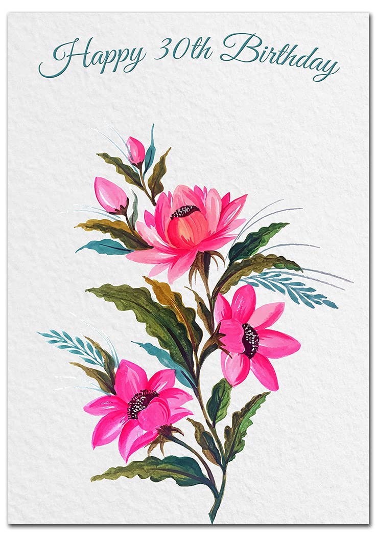 Extra Large 30th Birthday Card for Women - XL Big thick A4 size - Special Age Year - Pretty Pink Flower Watercolour Art - Beautiful Female Greeting Her Huge Happy Wishes Nice - UK Eco-Friendly