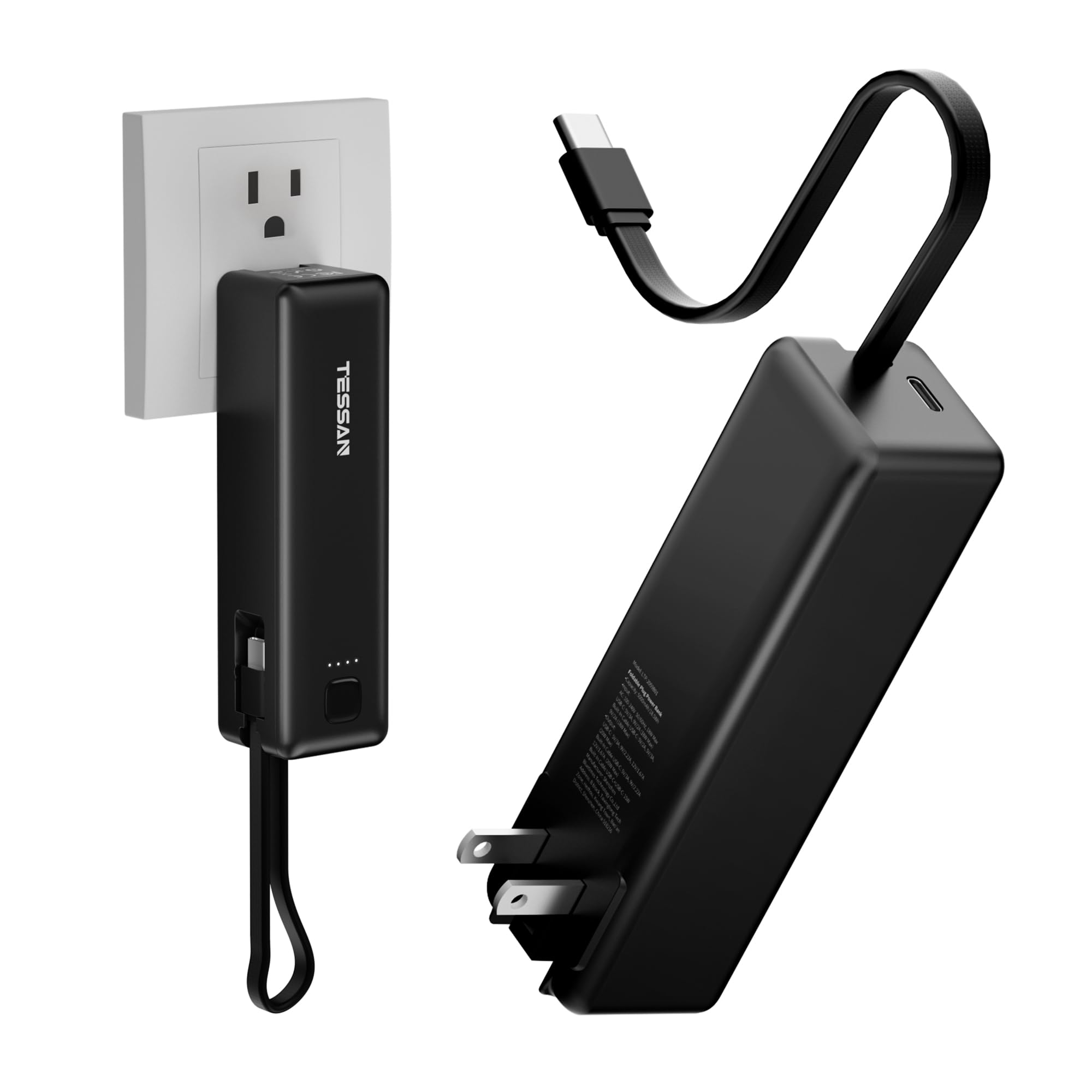 TESSAN Portable Charger Power Bank, 3 in 1 Battery Pack 20W Fast Charging with Built-in Cable USB C, 5000mAh AC Outlet Charger for iPhone 16/15 Series, Samsung, Tablets