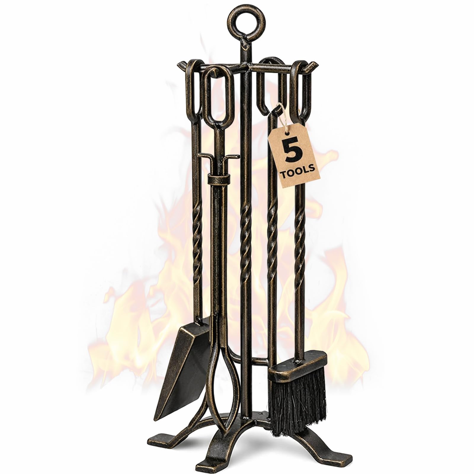 Amagabeli Set di 5 Attrezzi per Camino Set da Camino in Ferro battuto con pinze da Poker Porta Scopa e Pala Utensili da Fuoco Accessorio Rustico da Esterno Oro Nero