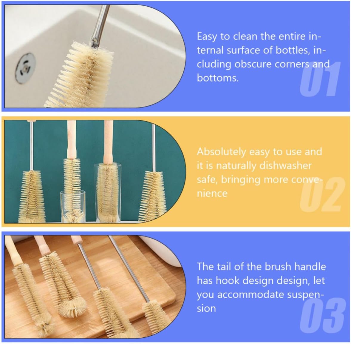3pcs Bottle Brush with Hook, Wood and Nylon Cleaning Brush for Bottles image 4
