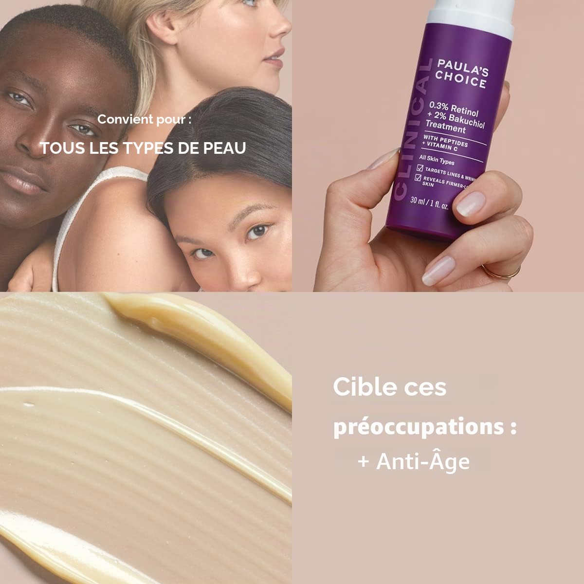 Paula's Choice CLINICAL 0,3% Retinol & 2% Bakuchiol Traitement - Visage Sérum - Anti Âge - Réduire Rides & les Taches Brunes - avec Peptides & Vitamine C - Tous Types de Peaux - 30 ml