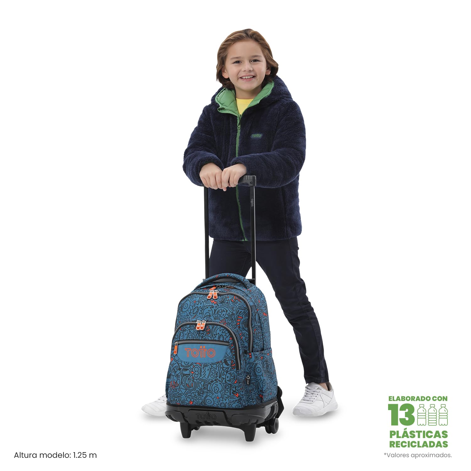 TOTTO - Mochila Escolar con Ruedas, Modelo Renglones, Capacidad 26,21 Litros, Bolsillo para PC 15,4", Bolsillo Botella, Correas en S para Mayor Comodidad, Resistente, Estampado Grafer