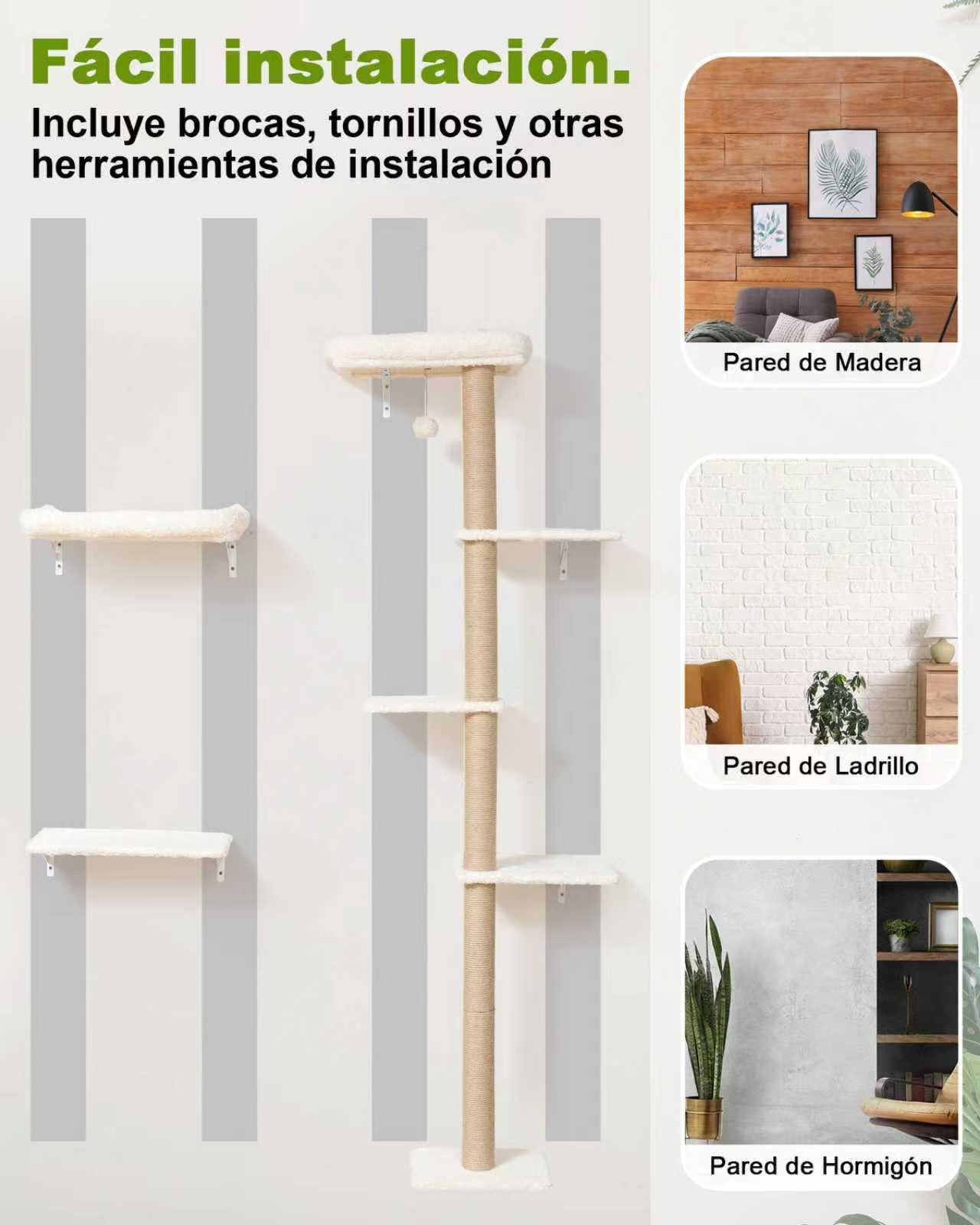 FUKUMARU Rocódromo para Gatos, 178 cm de Altura, Robusto Conjunto 3 en 1 de Madera Maciza Multicapa, con rascador y 2 estantes de Pared, Pared para trepar Que Ahorra Espacio, Beige