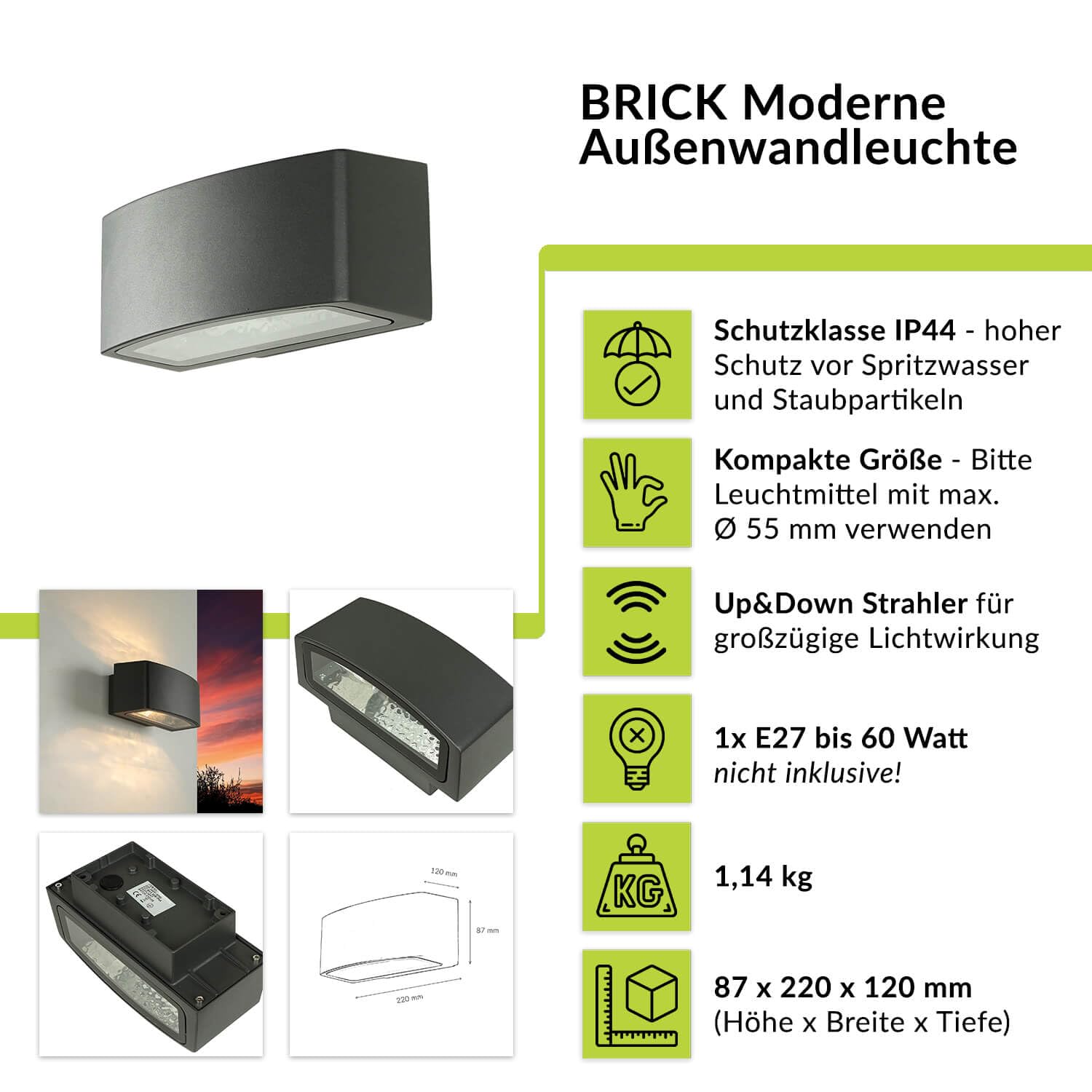 Moderne Wandleuchte Für Außen & Innen - Schwarz, IP44, 2x E27, Up & Down Licht, 32,5 Cm Hoch