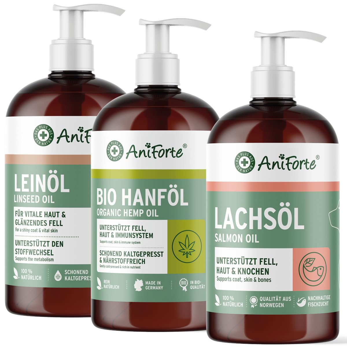 AniForte Barf-Öl Set 3 je 500ml Bio Hanfsamenöl, Lachsöl & Leinöl für Hunde & Katzen – Barf Zusatz Öle, kaltgepresst & natürlich ohne Zusätze, Barföl reich an Omega 3 & 6 Fettsäuren, Futter Zusatz