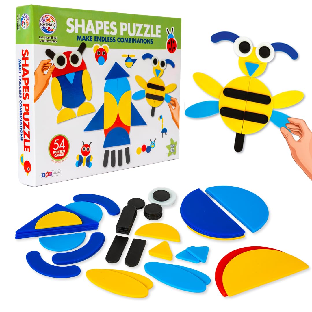 Ratna's Shapes Puzzle Educational Toy, 54 Pattern Challenge Cards, Creative Building Game for Kids 4+ Years