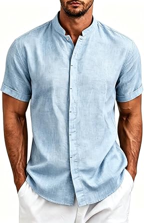 Mens Linen Shirts Short Sleeve Casual Button Down Shirt for Men