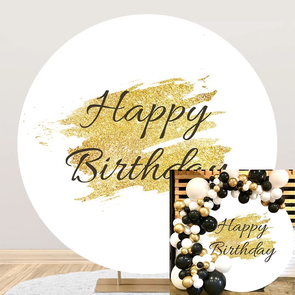 OERJU White Gold Birthday Round Backdrop Cover 7.2x7.2ft Happy Birthday Round Backdrop Kids Adult Men Women Birthday Party Circle Backdrop Cover Cake