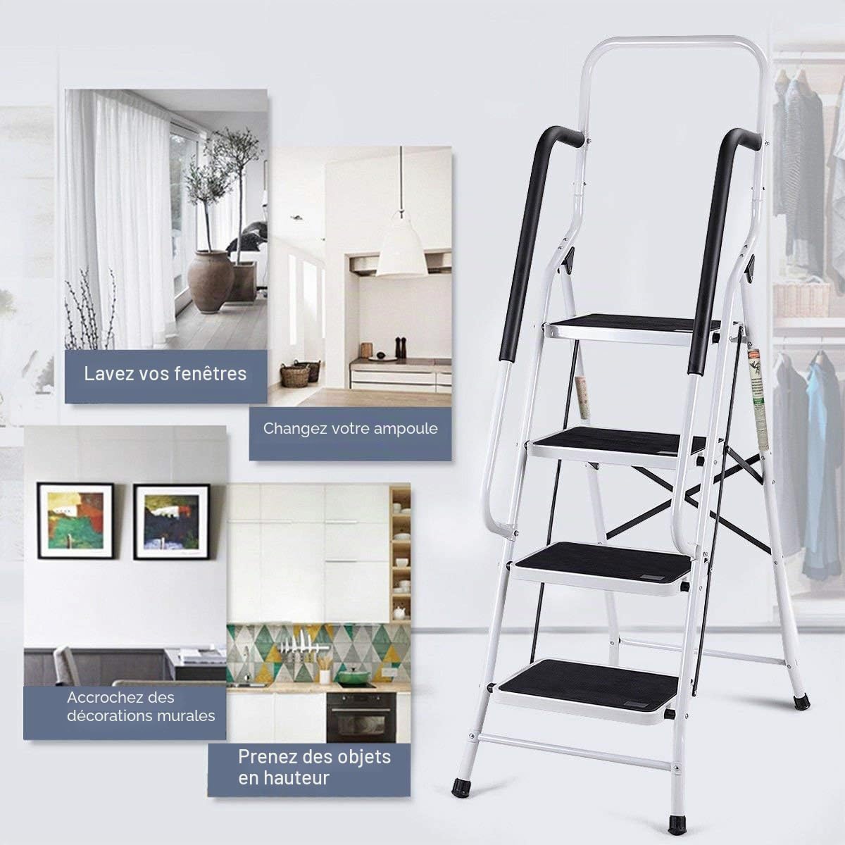 Escabeau 4marches Pliant, Marchepied Echelle Pliable en Acier Pieds et Marches Antidérapants Robuste Jusqu’à 150kg de Charge
