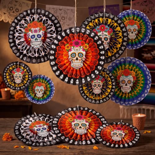 Image of Affrolling 24 Pcs / 12 Set Day of the Dead Party Decorations-Sugar Skull Hanging Paper Fans, Fiesta Party Flowers Fans for Dia De Los Muertos Mexican Carnivals Festivals Holiday