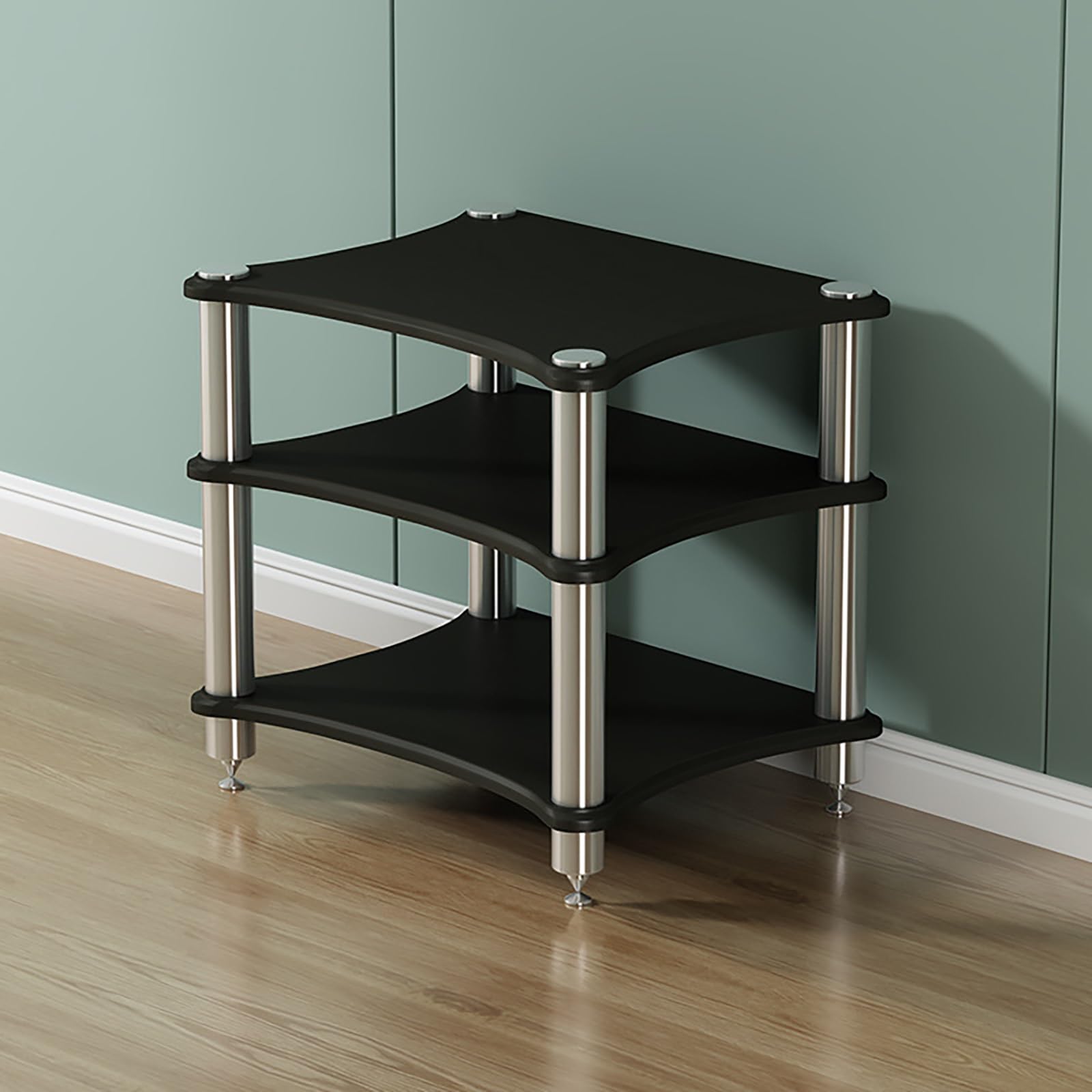 4-poziomowy stojak na audio stereo, szafka multimedialna na odtwarzacze DVD i konsole do gier, otwarta półka na sprzęt AV, narożna wieża, stylowa czarna, wys. 62 cm / 24