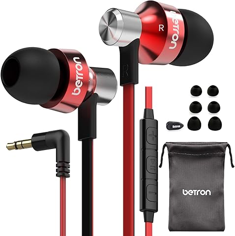 Betron DC950HI Earphone with Mic and Remote Control, Powerful Bass, Noise Isolating, Replaceable Earbuds, Portable Headphones, Compatible with iPhone, iPad, MP3 Players, Android Devices and More, Red