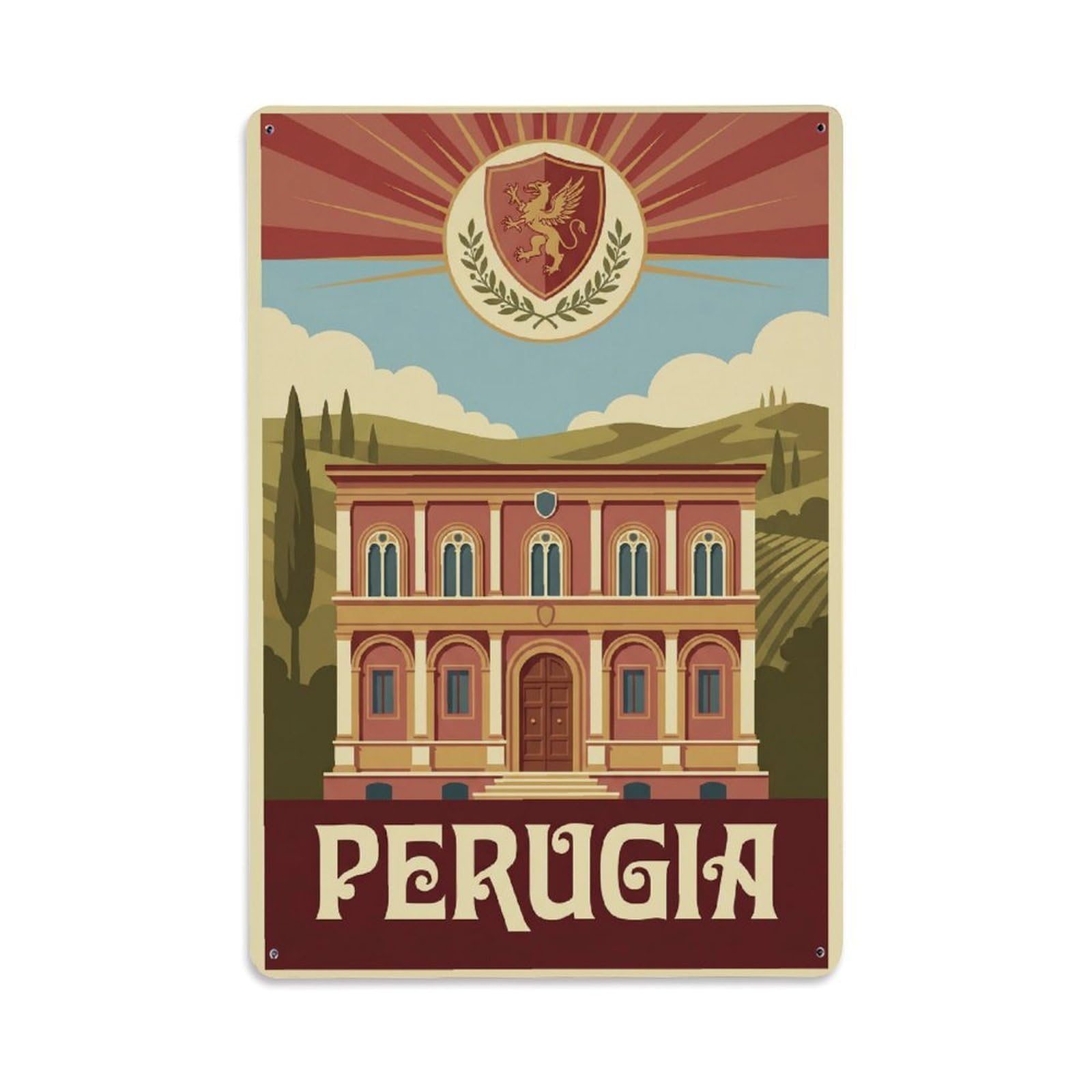Vintage Travel Perugia Palazzo Antinori Clean Italy Metal Tin Sign Plaque Wall Decor for Cafe, Club Bar, Office, Home Garden Metal Poster 8x12Inch