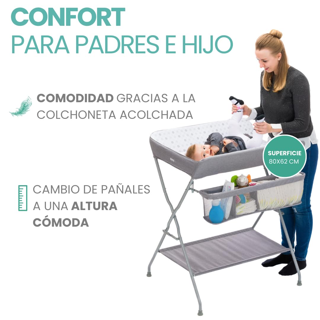Fillikid Cambiador Bebe Mueble Plegable, Plastificado Impermeable con Organizador de Pañales - Topos/Gris