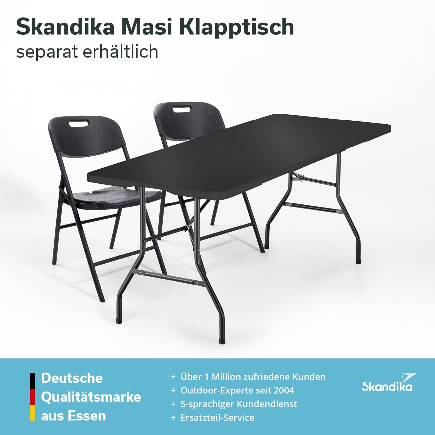 Skandika Klappstuhl MASI | Klappbarer Stuhl, 2er / 4er Set, 4 kg leicht, belastbar bis 150kg, wetterfest, Aufbau ohne Werkzeug | Campingstuhl klappbar, faltbar, für Camping (Schwarz | 2er-Set)