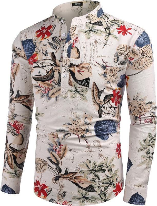 Image of Men's Cotton Blend Full Sleeve Printed Short Kurta with Mandarin Collar Crafted from a Premium Cotton Blend
