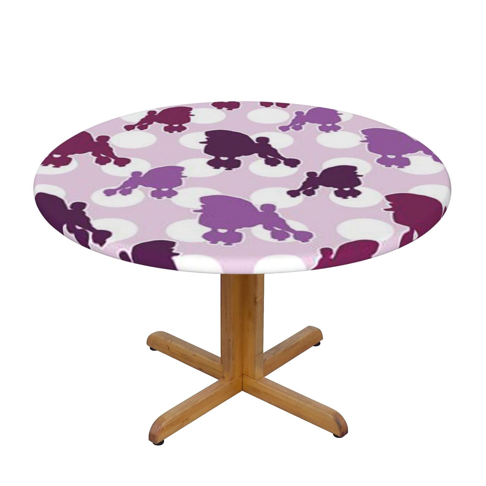 Ffshkowe Purple Poodle Polka Dot Elastic Round Tablecloth Oil Proof Table Cover For Dining Party Picnic