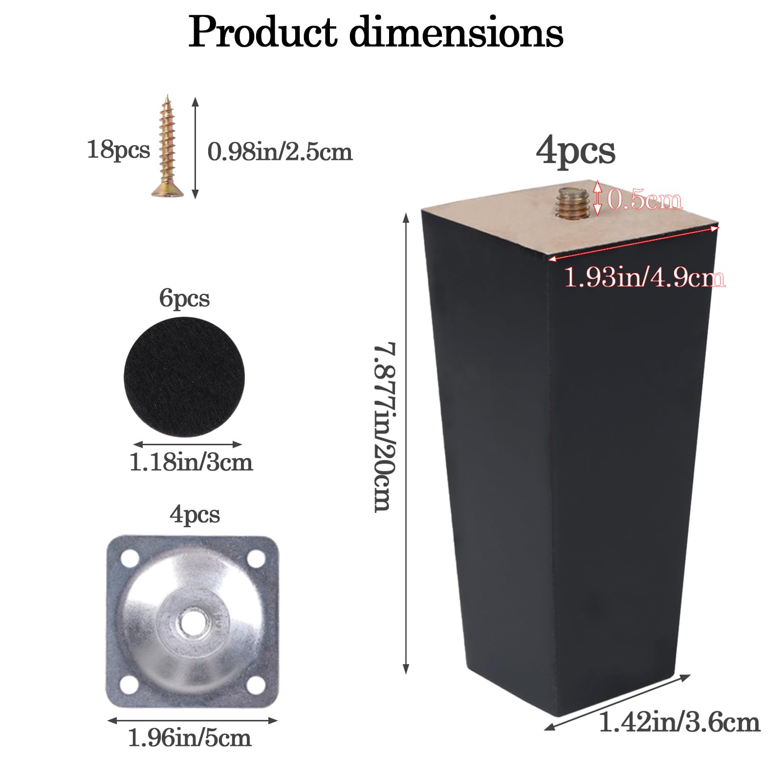 4 Piezas Patas para Muebles Madera Negro 20cm con Placa de Montaje Tornillos y Protectores de Suelo Pies para Muebles Cuadradas para Mesa de Té Sofá Cama Cajonera Mueble TV
