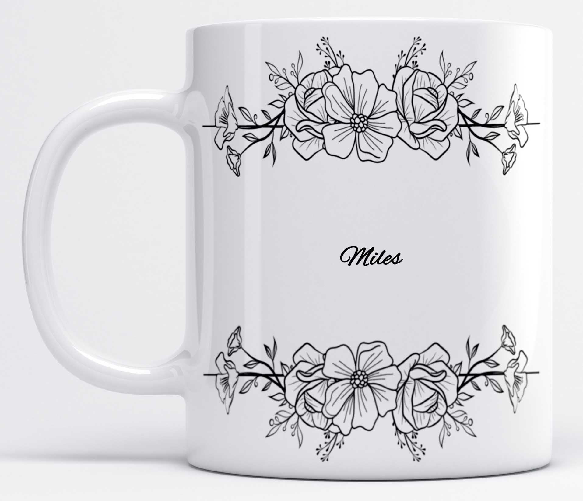 Name Miles Printed Beautiful Black Floral Design White Ceramic Coffee Mug (350ML)