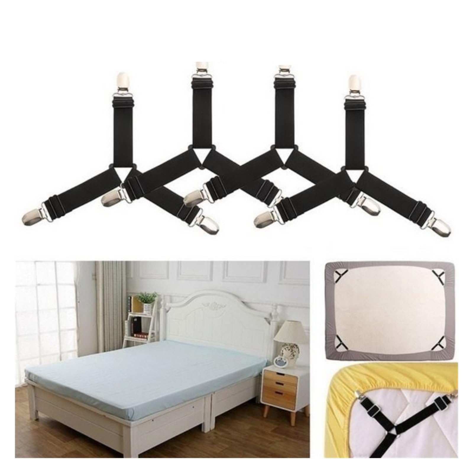 PFMSAAF bed sheet clips 4Pcs Adjustable Bed Sheet and Quilt Holder for Organizer Mattress Cover Clip for Home Elastic Straps Clips for bed(Black-4pcs)