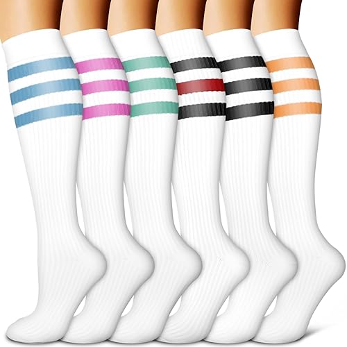 BLUEENJOY Copper Compression Socks for Women & Men (6 pairs) - Best Support for Nurses, Running, Hiking, Recovery - 42 White Stripe Series 6 Pairs - Large-X-Large