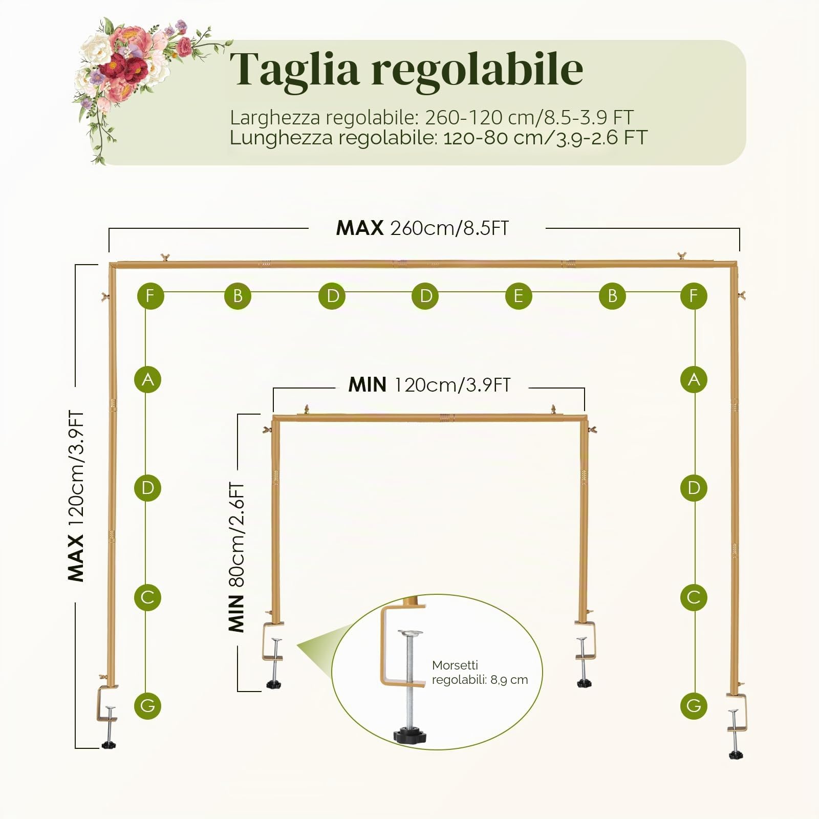 Arco da Tavolo Estensibile, Asta Decorativa da Tavolo con Clip, 120-260 cm, Asta Metallica per Appendere al Tavolo per Natale, Matrimonio, Compleanno, Decorazione per Feste Oro