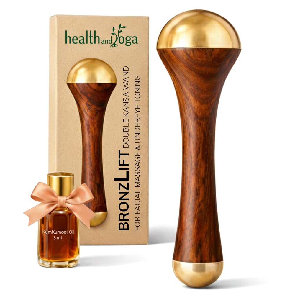 HealthAndYoga™ BronzLift Kansa Wand - Both Side Bronze Cap - Added Beauty Face Oil Vial - Ayurveda Face Yoga Beauty Tool - Facial, Neck & Under-Eye Massage – Toning and Sculpting (Double Dome)