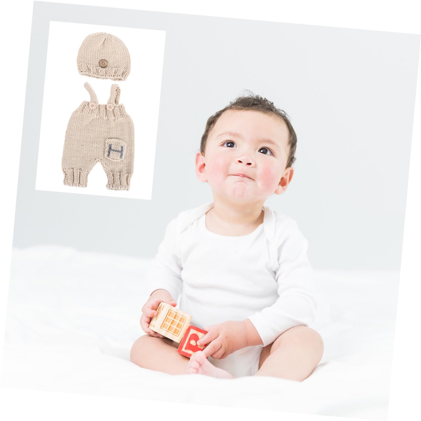 SHERCHPRY Accesorios De Fotografía De Bebé Disfraz De Recien Nacido Gorro Tejido Bebe Tirantes Traje De Sesión De Fotos De Tirantes Traje De Recién Nacido Para Niño Acrílico Beige
