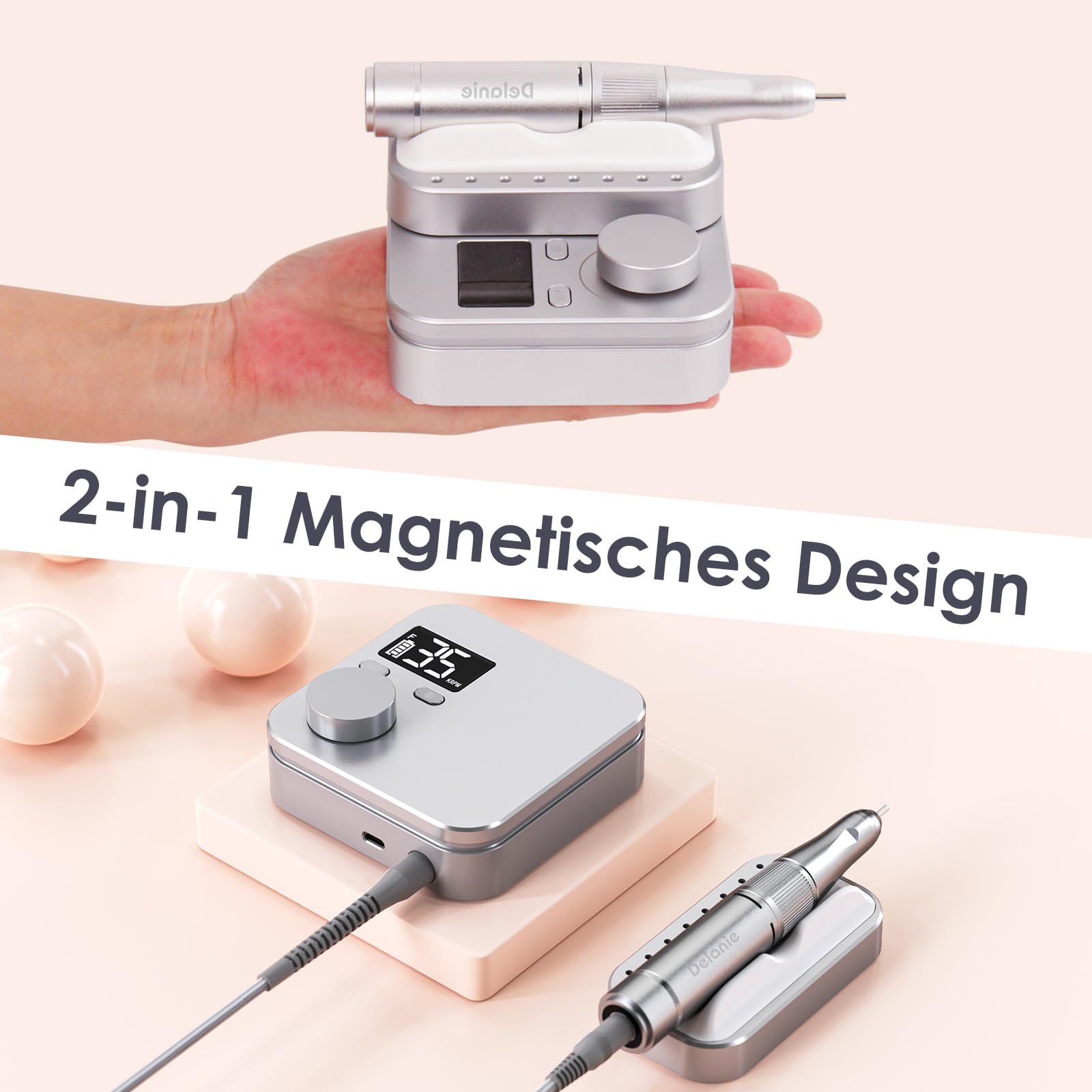 Delanie Elektrischer Nagelfräser für Gelnägel 35000 U/Min, Wiederaufladbar Nagel Fräser für Nägel mit Handstück-Halter, Nagelfräser Professionell mit LED Anzeige & Pause Funktion für Maniküre Pediküre