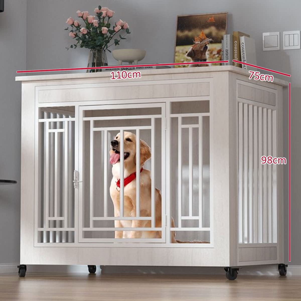 Mesa de madera para perros con bandeja extraíble, caseta decorativa para interiores para perros grandes, medianos y pequeños