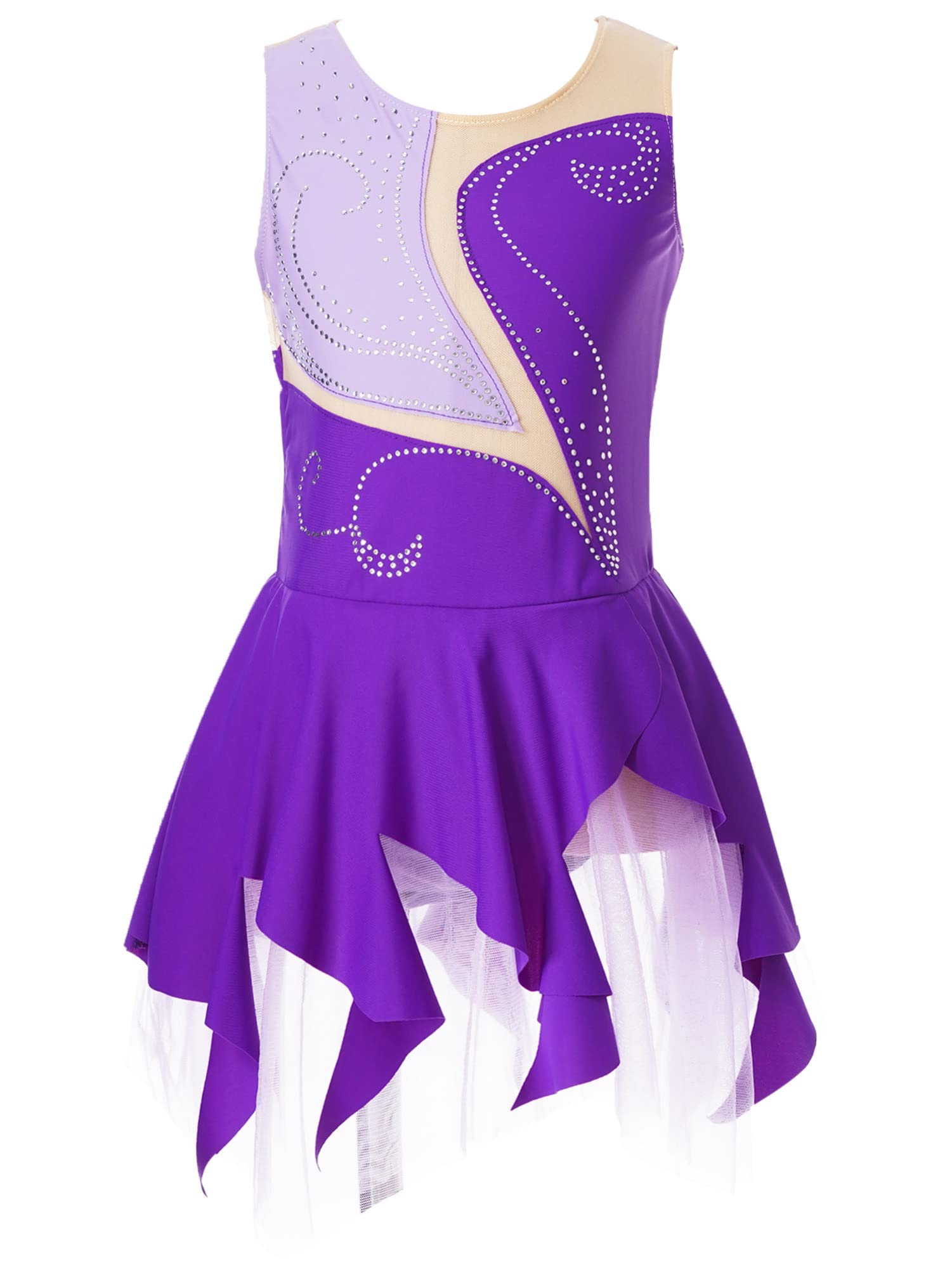 IEFIEL Vestido de Patinaje Artístico para Niña Maillot Ballet con Falda Malla de Gimnasia Rítmica sin Mangas con Lentejuelas Brillantes Vestido de Danza Lírica — view 8