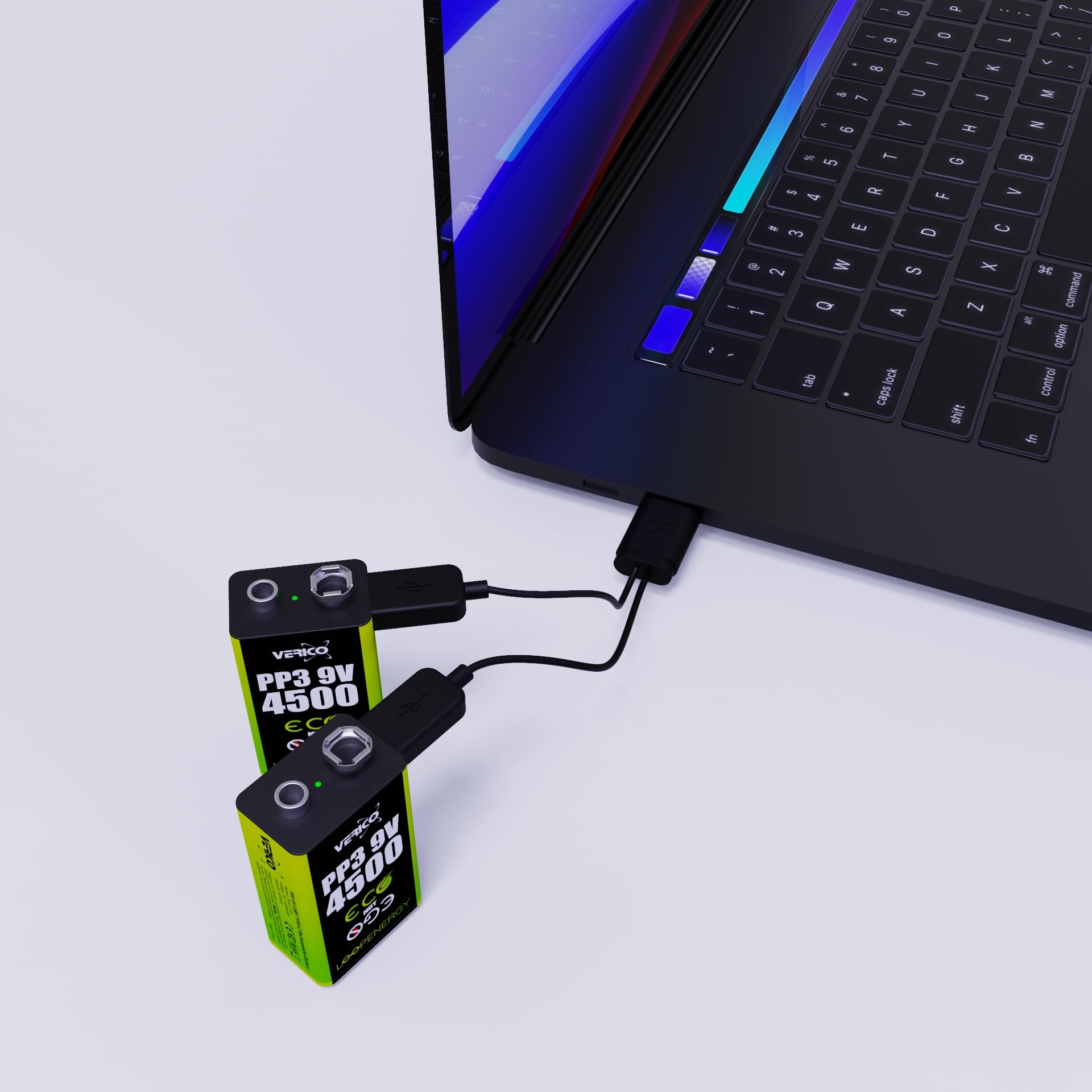 VERICO LoopEnergy - Confezione da 4 blocchi da 9 V, PP3, 4500 mWh, batterie ricaricabili USB-C agli ioni di litio, 2 cavi di ricarica USB tipo A a 2 tipi C