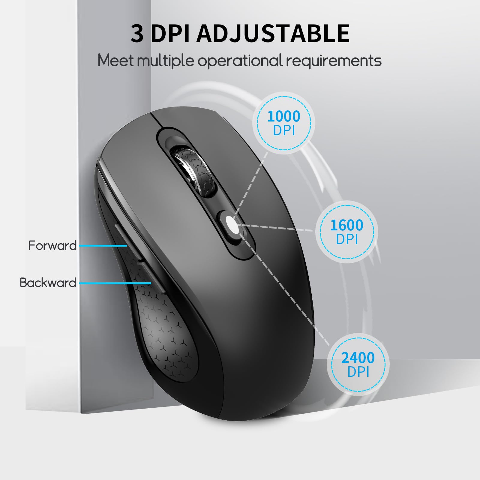 Ergonomische 6-Tasten-Maus, leise, kabellos, Seitentaste, schwarz, kein Licht | 1000/1600/2400 DPI, Anti-Rutsch-Rolle, USB-Nano-Empfänger, kompatibel mit Laptop, PC, Chromebook, Mac & MacBook