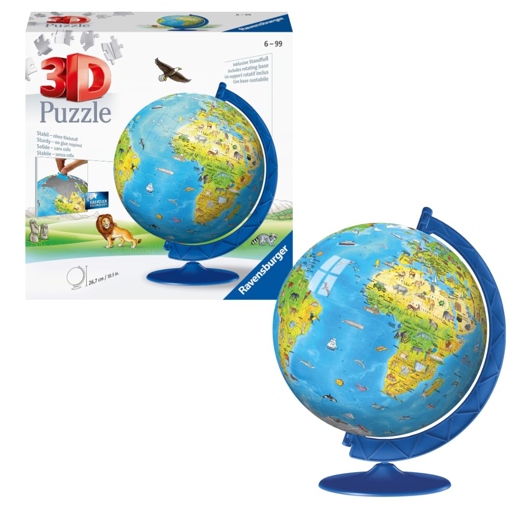 Ravensburger - Puzzle 3D Ball éducatif - Globe terrestre - A partir de 6 Ans - 180 pièces numérotées à Assembler sans Colle - Support Rotatif Inclus - 12339