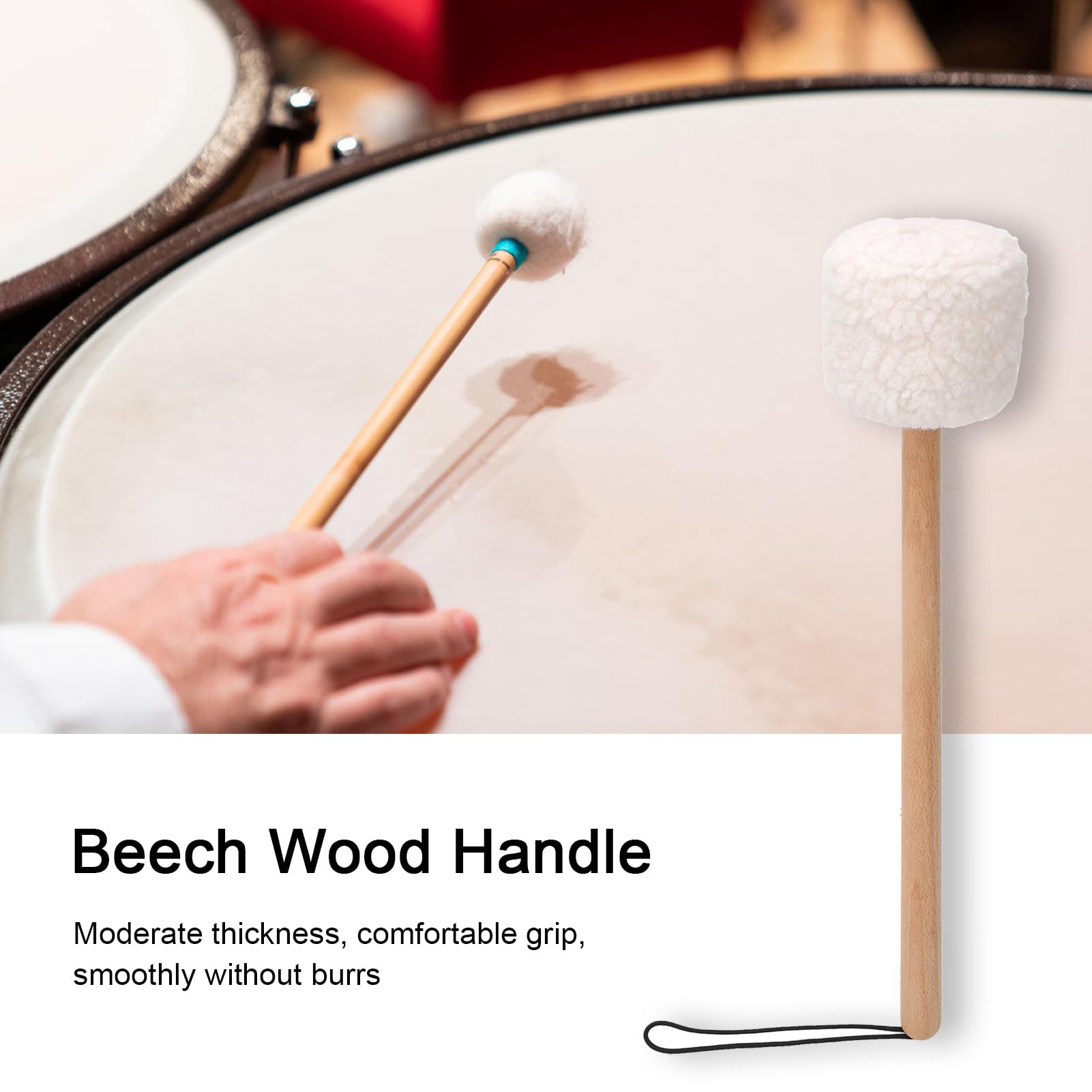 Maillet en Laine, Manche en Bois de Hêtre, Grand Bâton de Tambour avec Corde de Queue Noire Sécurisée pour Tambours Gongs