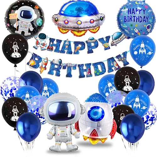 Balões astronauta decoração de aniversário, balão espacial com Happy Birthday Banners, balões de foguete para festa, aniversário decoração espacial foguete para festa espaço temática meninos e meninas