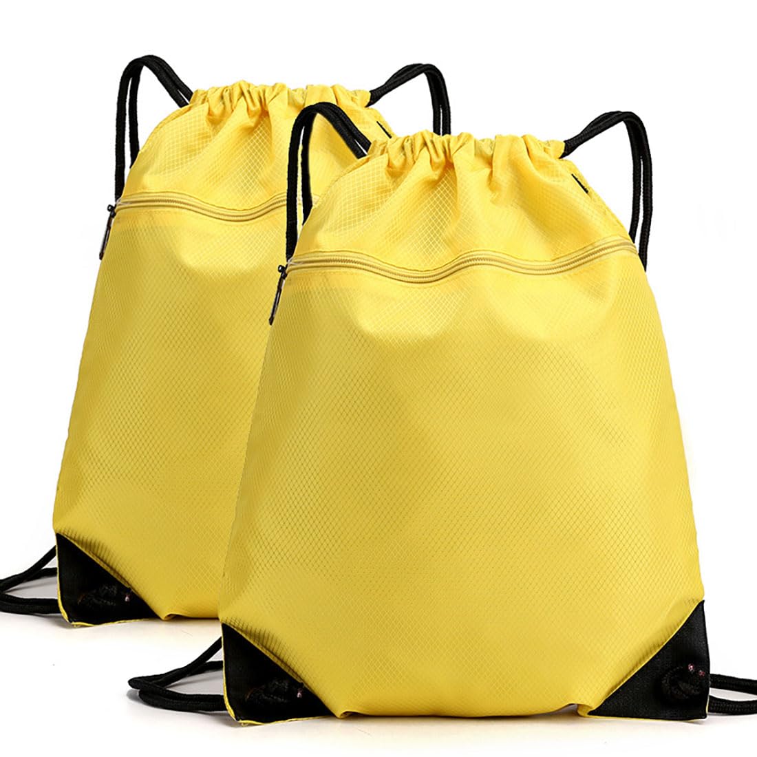 YINGKOR Drawstring Backpack Bag, Waterproof Draw String Back Sack with Zip Pocket, Gym Drawstring Bags Swim Bag for Men Women, Pack of 2, Yellow