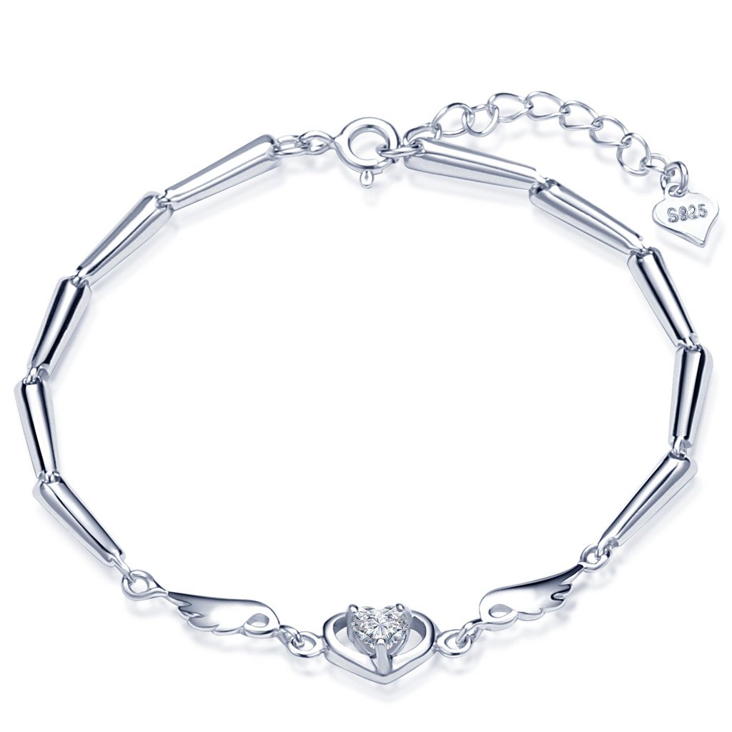 Unendlich UInfinite nique 925 Sterling Silver Cubic Zirconia Womens Link Charm Bracelet Heart Angel Wings Hand Chain with Extension, Silver