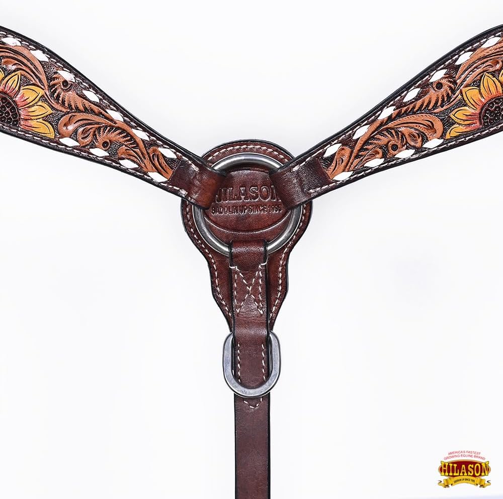 HILASON Western Horse Headstall Breast Collar Wither Strap Leather Sunflower Carving | Tack for Horses
