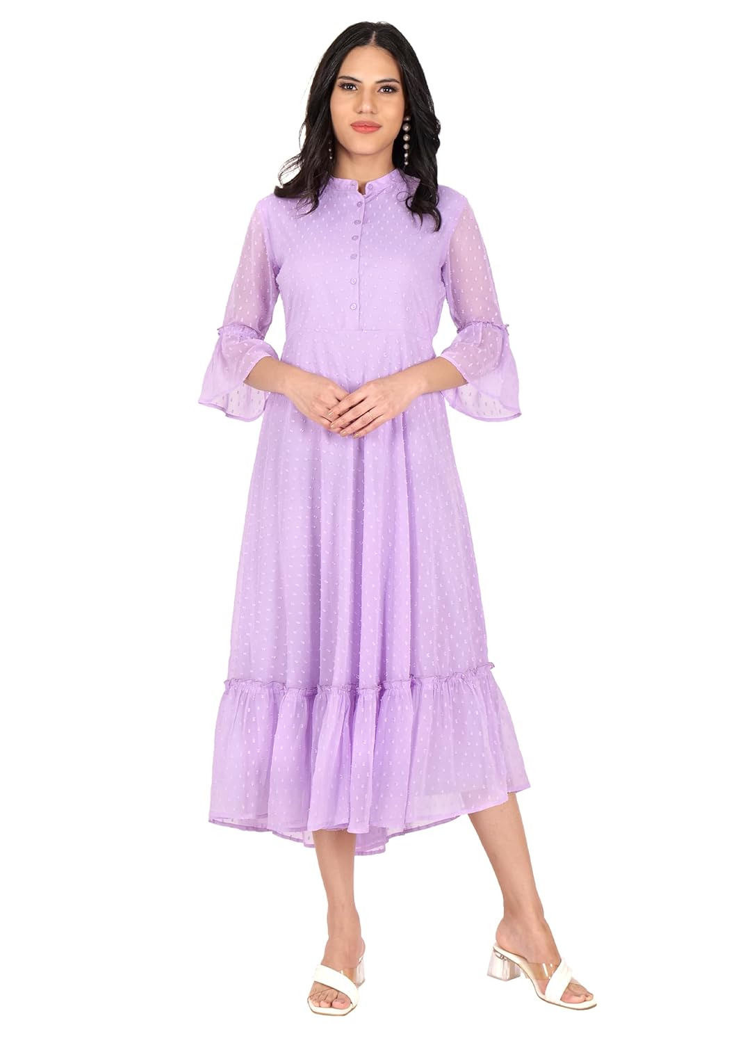 Hiza Women’s Mandarin Collar Dobby Georgette Fit and Flare Midi Dress | 3/4 Bell Sleeves | Western Bias Flare Dress for Women