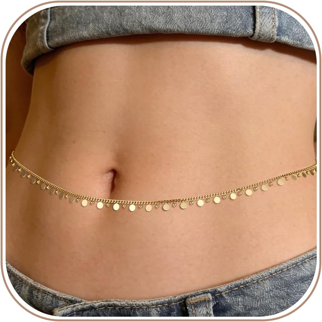 JINEAR Belly Chain for Women Dainty 14K Gold Plated Waist Chain Sexy Bikini Accessories Adjustable Waterproof Body Chains Gold Chain Belts Summer Beach Rave Outfits Jewelry for Womens