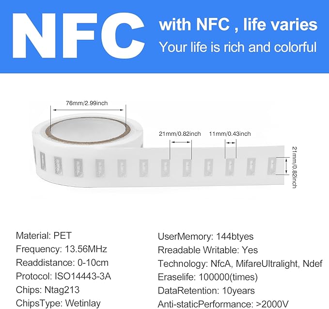 50 PCS NFC Tags Sticker with NTAG213 Chip Blank NFC Stickers Adhesive Labels RFID Tags Rewritable 144 Bytes Memory Compatible with All NFC-Enabled Smartphones and Devices