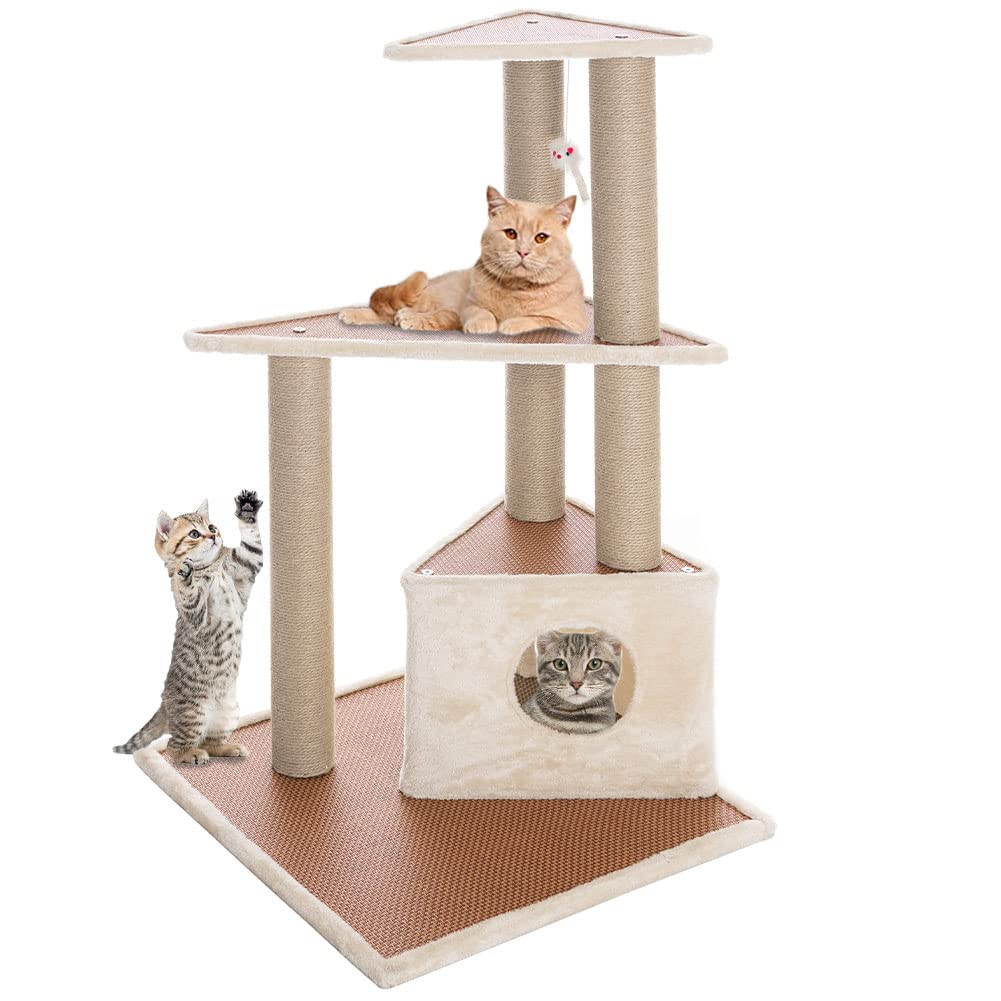 BAKAJI Scratching Tree Scratching Post 1 Kennel Blanket for Cats, Feline Animals, Interactive Nails, Scratch-Resistant, Sturdy Sturdy Climbing Tree, Solid Structure, Beige Colour