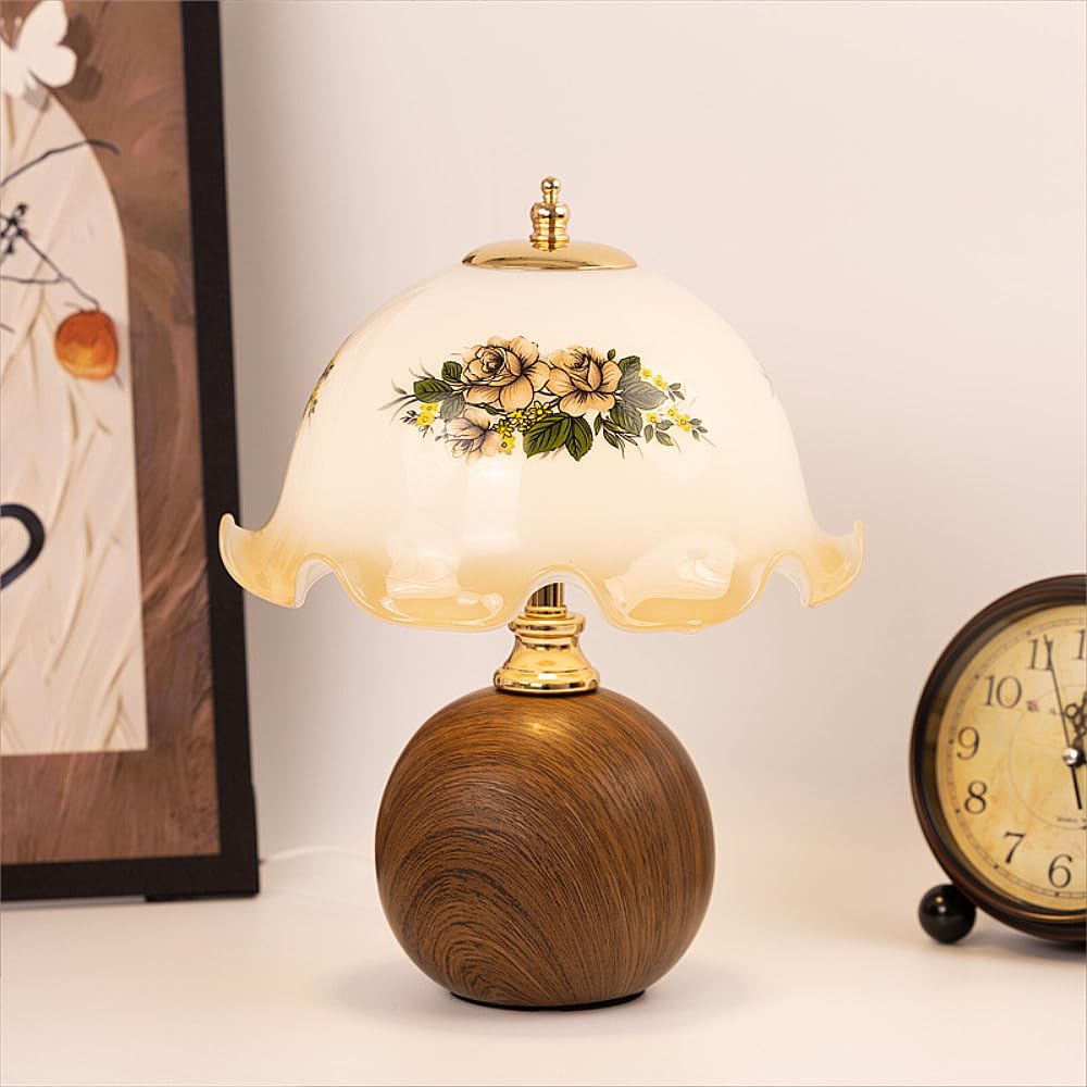 XINYASEE Vintage-Tischlampe mit Holzfuß und floralem Glasschirm, Retro-Nachttischlampe für Schlafzimmer, Wohnzimmer, Büro, Mid-Century-Modern-Dekor (A)