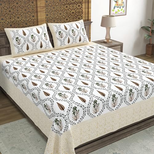 Image of BLOCKS OF INDIA Hand Block Printed 200 TC Cotton Super King Size Bedsheet(106 x 106) | Pack of 1, Cream Brown Patti