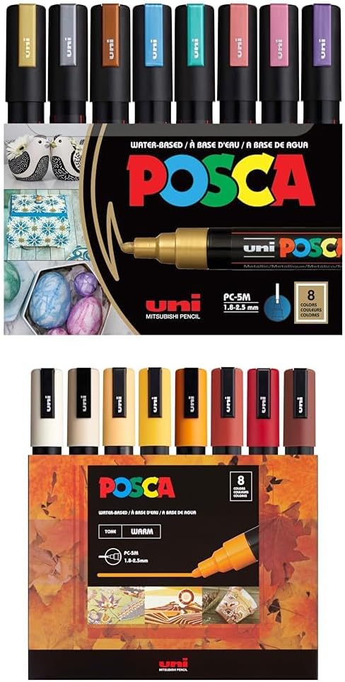 posca Markers Bundle, 16 Medium Paint Markers 5M - 8 Soft Tones + 8 Metallic Tones