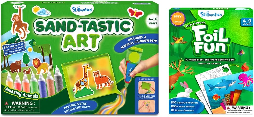 Skillmatics Sand-Tastic Art Animals & Foil Fun Animals Bundle, Art & Craft Kits for Kids, DIY Creative Activity, Gifts for Girls & Boys Ages 4, 5, 6, 7, 8, 9, 10
