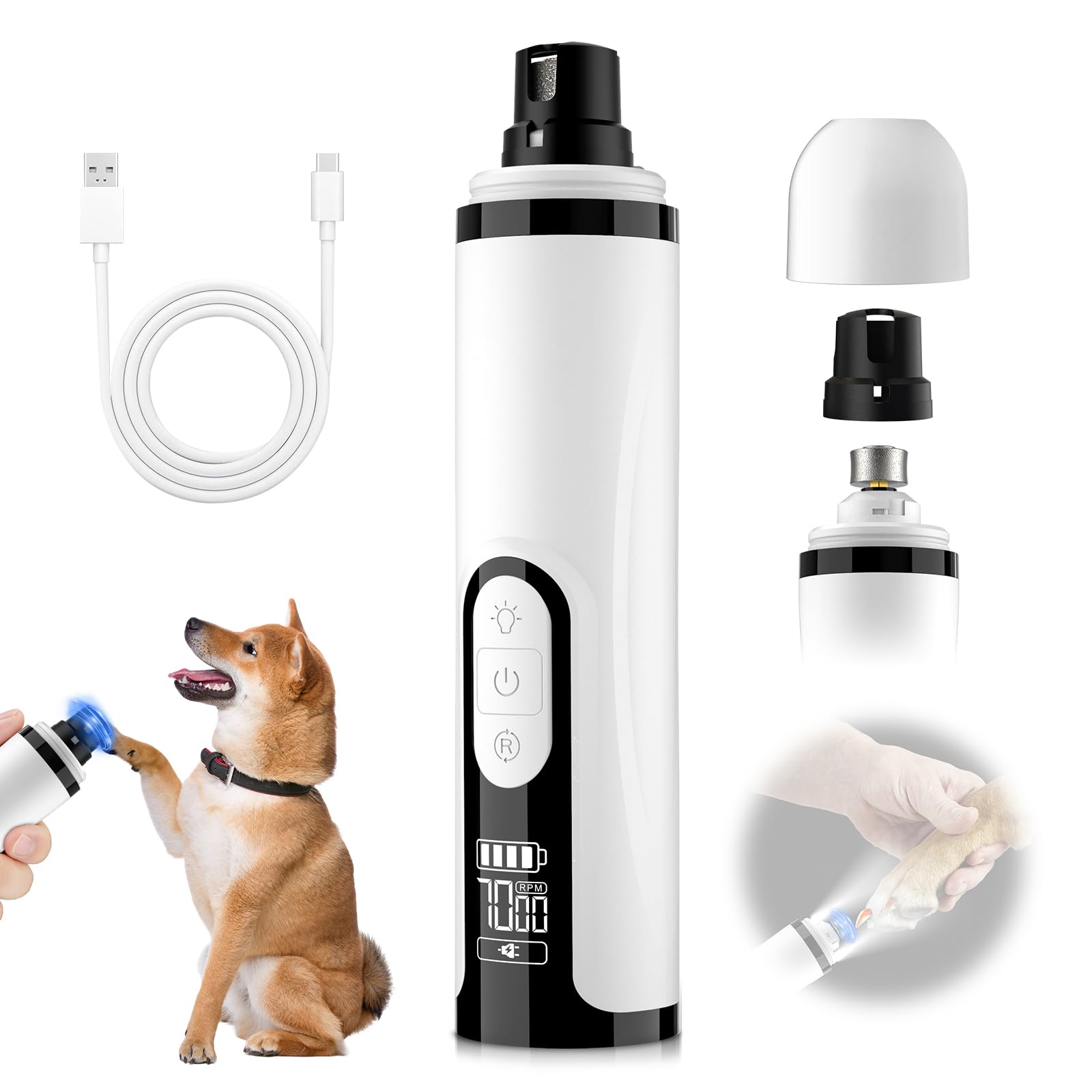 2026 Upgraded Nail Grinder,3-Speed Powerful Electric Pet Nail Trimmer,Rechargeable USB Charging/2 LED Light/Grinding Wheels/Pet Silent Cat Claw Nail Grooming Supplies for Small and Large Dogs and Cats